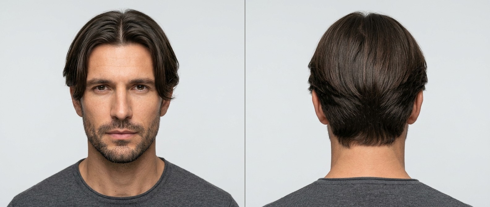 Front and back view of a Caucasian man with dark brown straight hair wearing a classic medium-length curtains hairstyle with a layered back.