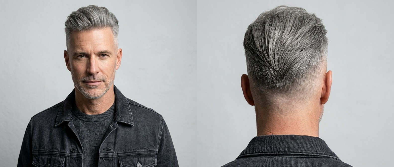 Homem maduro com undercut desconectado grisalho, laterais raspadas e topo volumoso texturizado.