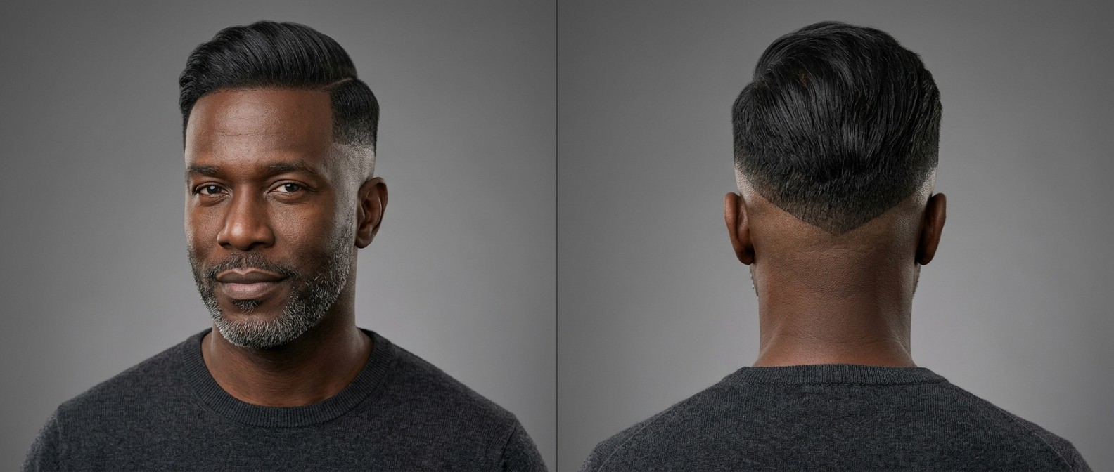Mężczyzna po 45. roku życia z fryzurą disconnected undercut, precyzyjnym wykończeniem linii włosów, zadbaną brodą i wygolonym wzorem V na karku.