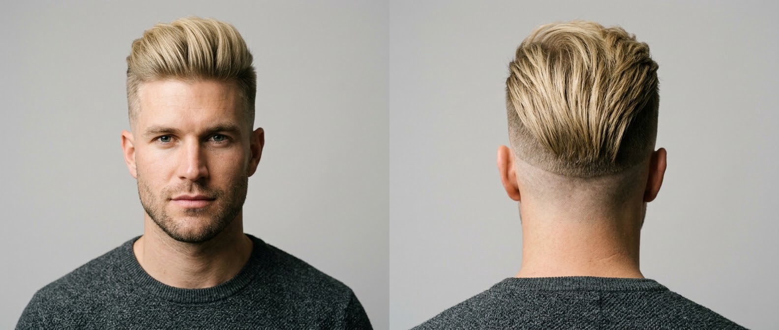 Homem loiro de pele clara com barba modelando um disconnected undercut volumoso, laterais raspadas na zero e topo longo jogado para trás.