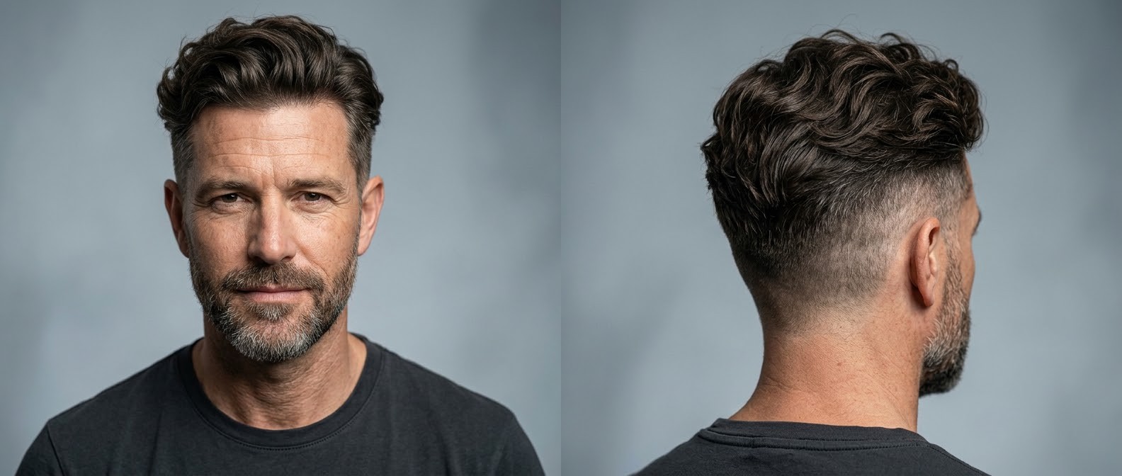 Reifer Mann mit Wavy Disconnected Undercut und Skin Fade, voluminösem braunem Deckhaar und kurzem Bart.