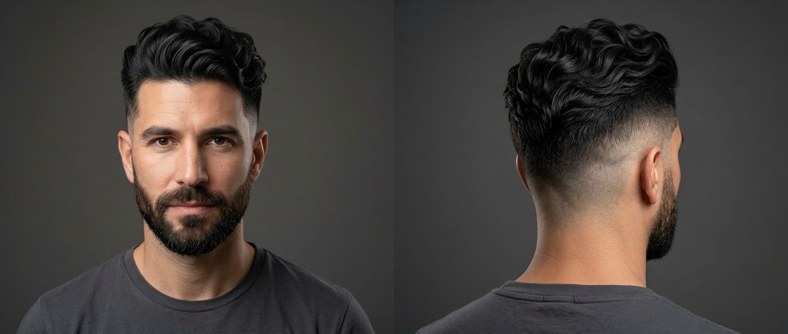 Homem entre 35 e 45 anos exibindo um undercut desconectado ondulado com high skin fade, topo volumoso penteado para trás e barba bem alinhada.