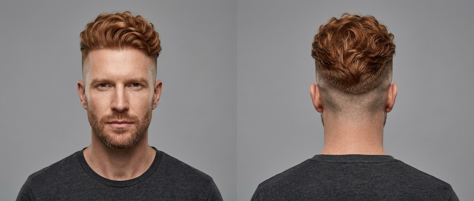 Widok z przodu i z tyłu mężczyzny z rudymi włosami w fryzurze wavy disconnected undercut z wysokim skin fade’em.