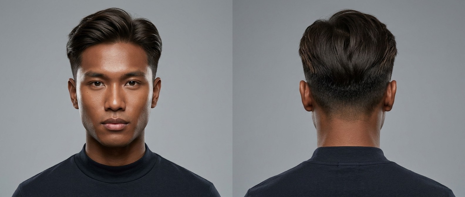 Widok z przodu i z tyłu na młodego mężczyznę z fryzurą disconnected undercut, gęste ciemne włosy zaczesane do tyłu z dużą objętością.