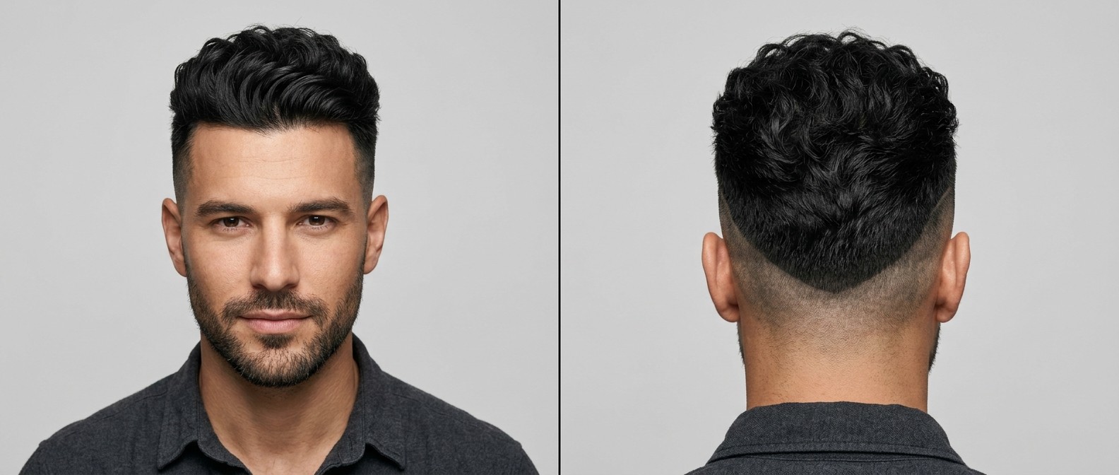 Widok z przodu i z tyłu na męski, falowany disconnected undercut z ostrym V-fade'em na karku.