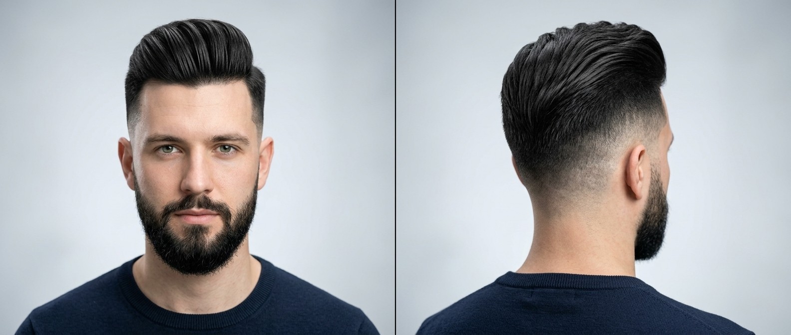 Junger Mann mit Disconnected Undercut, High Skin Fade und langem, glattem, voluminösem Haar sowie gepflegtem Vollbart.