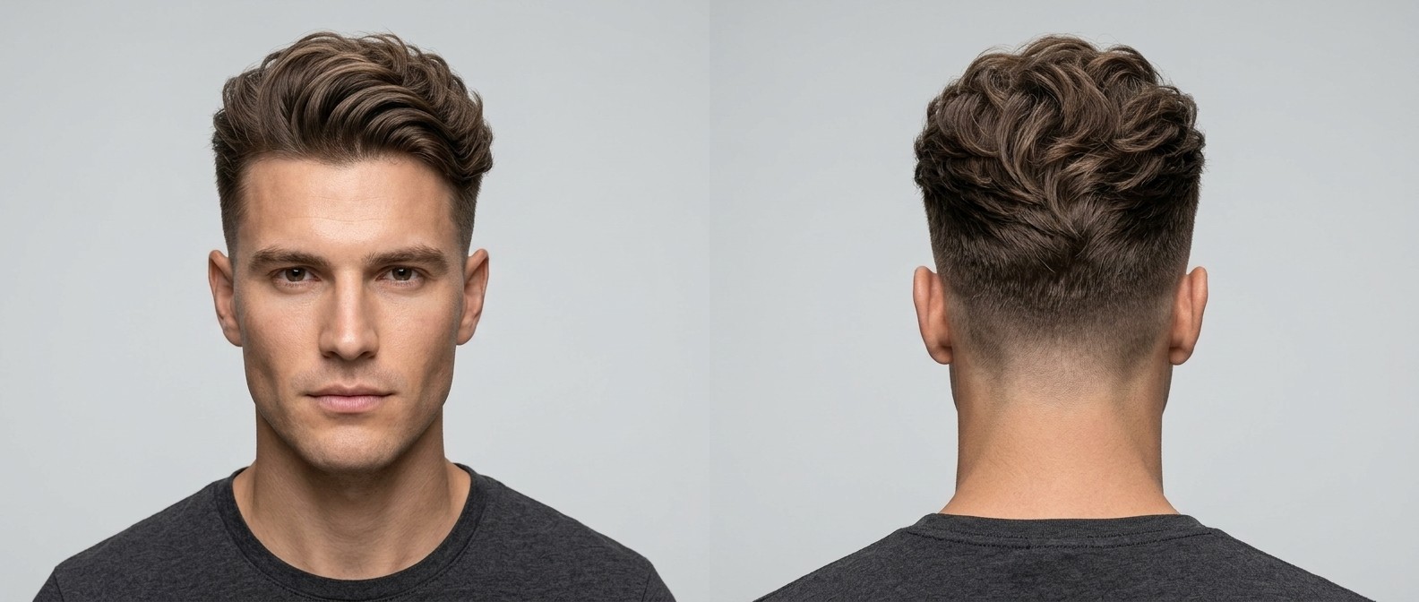 Vista frontal y posterior de un hombre con undercut desconectado, ondas densas, parte superior voluminosa y laterales rapados.