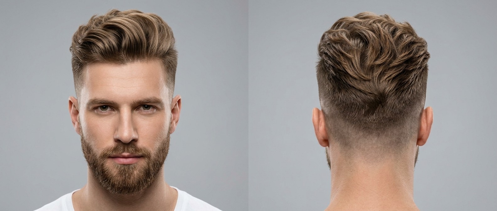 Vorder- und Rückansicht eines Mannes mit voluminösem Wavy Disconnected Undercut, Skin Fade und kurzem Bart.
