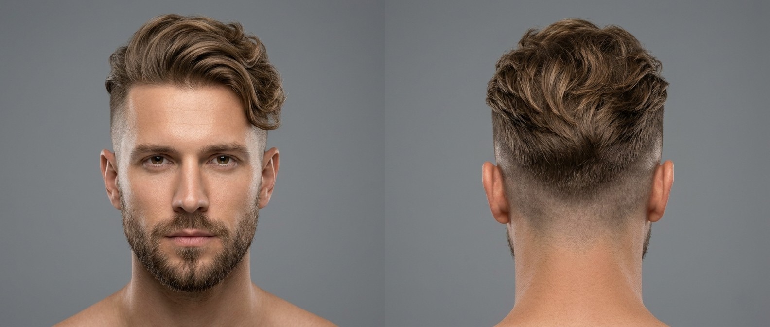 Mężczyzna z fryzurą disconnected undercut, skin fade i długą falowaną grzywką oraz zadbaną brodą.