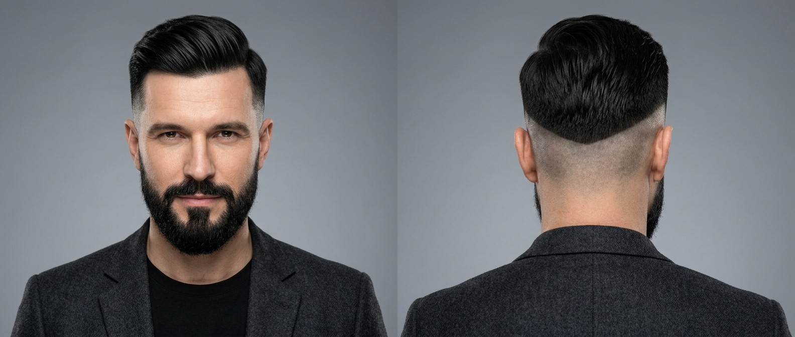 Mann mittleren Alters mit schwarzem Haar, modernem Disconnected Undercut, High V-Fade, voluminösem Styling und Vollbart.