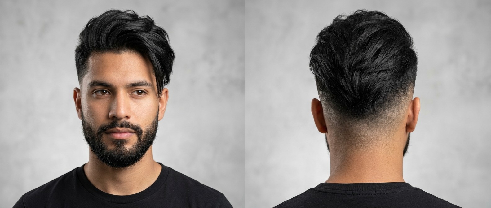 Front and back view of a young Latino man with a disconnected undercut, featuring a voluminous, side-swept textured fringe and a sharp 0mm skin fade.