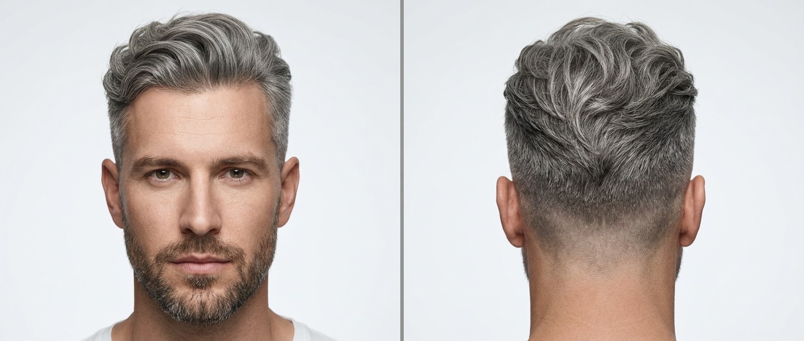 Front and back view of a man with silver hair posing with a wavy disconnected undercut, skin-faded sides, and a short groomed beard.
