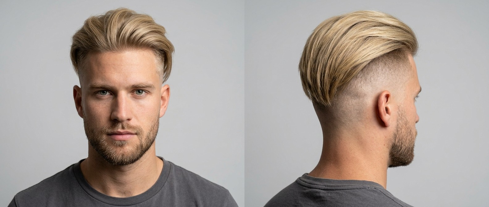 Blonde man with a disconnected undercut and skin fade, featuring long, thick swept-back hair and a short beard. Front and side profile views.