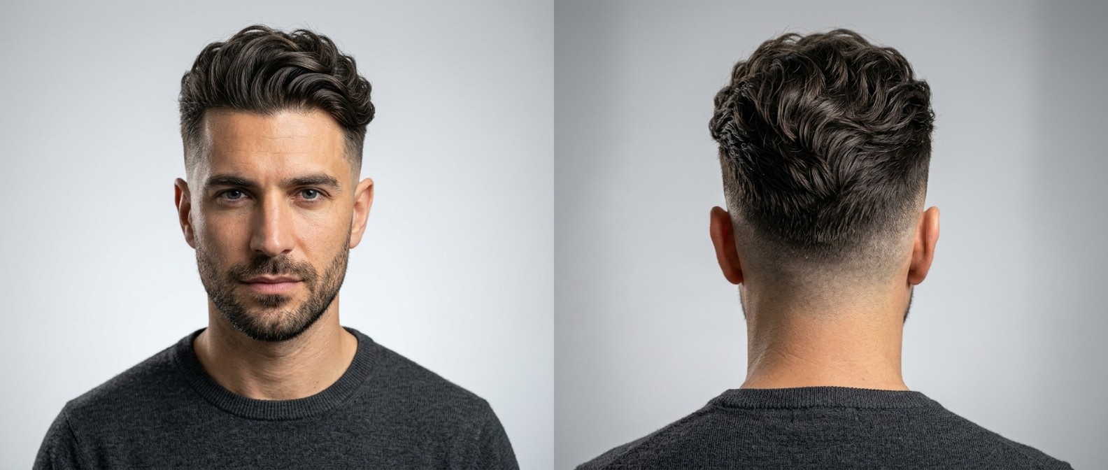 A 35-45 year old man with an oval face and short beard sporting a disconnected undercut with a 0mm skin fade and long, thick wavy dark brown hair.