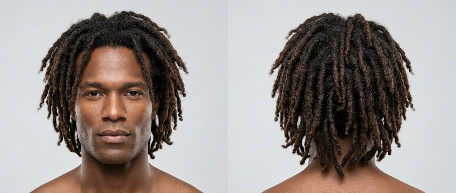 Widok z przodu i z tyłu ciemnoskórego mężczyzny w wieku 35-45 lat z grubymi dredami średniej długości i kręconymi końcami, okalającymi kwadratową twarz.