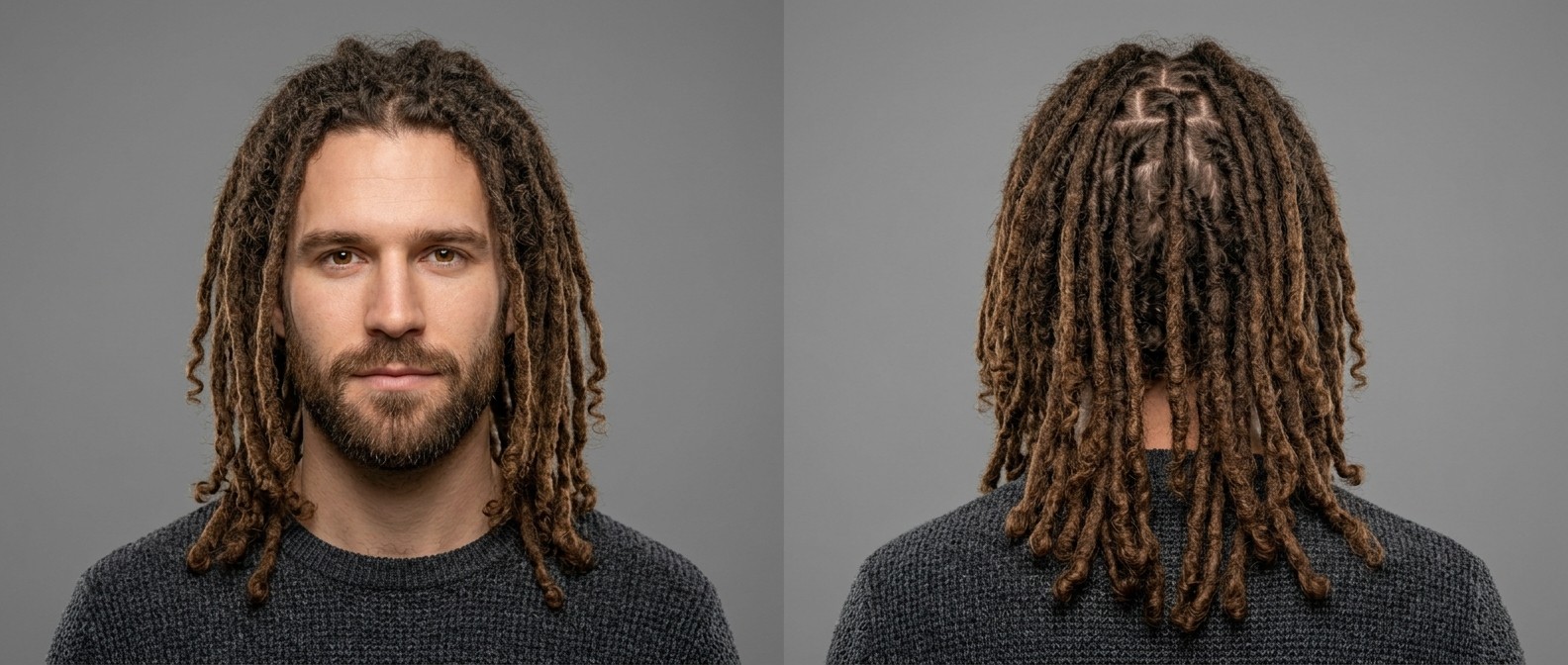 Vue avant et arrière d'un homme avec de longues dreadlocks brunes, sections carrées, pointes bouclées et barbe courte soignée.
