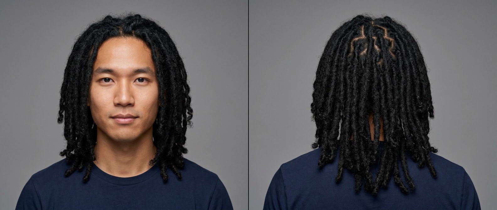 Hombre asiático con dreadlocks largos y gruesos, raya al medio y particiones geométricas en zig-zag, vistiendo camiseta azul oscuro.