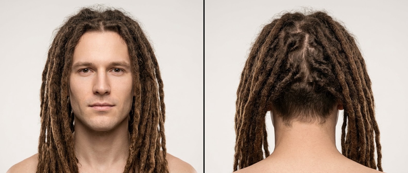 Caucasian man with long brown dreadlocks parted in the middle, featuring a hidden nape undercut visible from the back view.