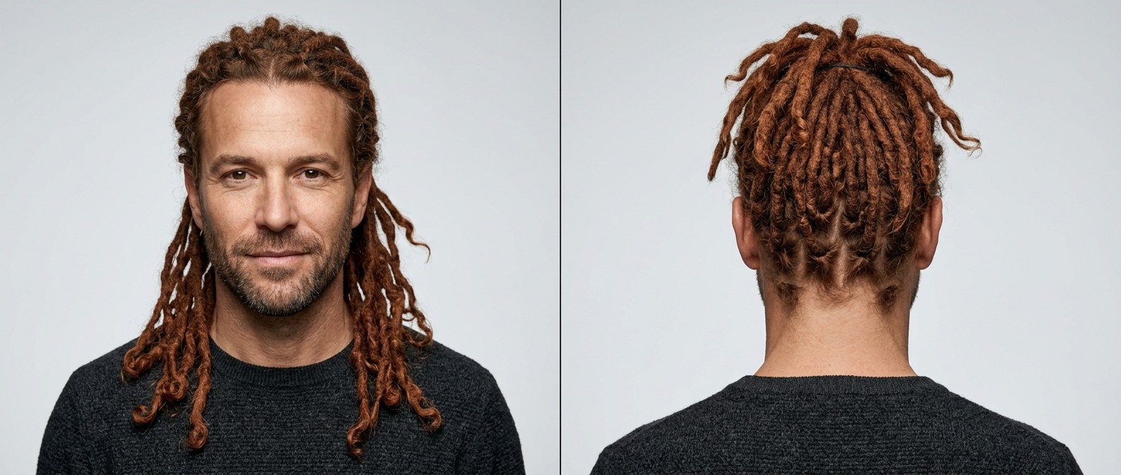 Widok z przodu i z tyłu na dojrzałego mężczyznę z zarostem, mającego długie miedziane dready upięte w kucyk half-up z widocznym podziałem w siatkę.