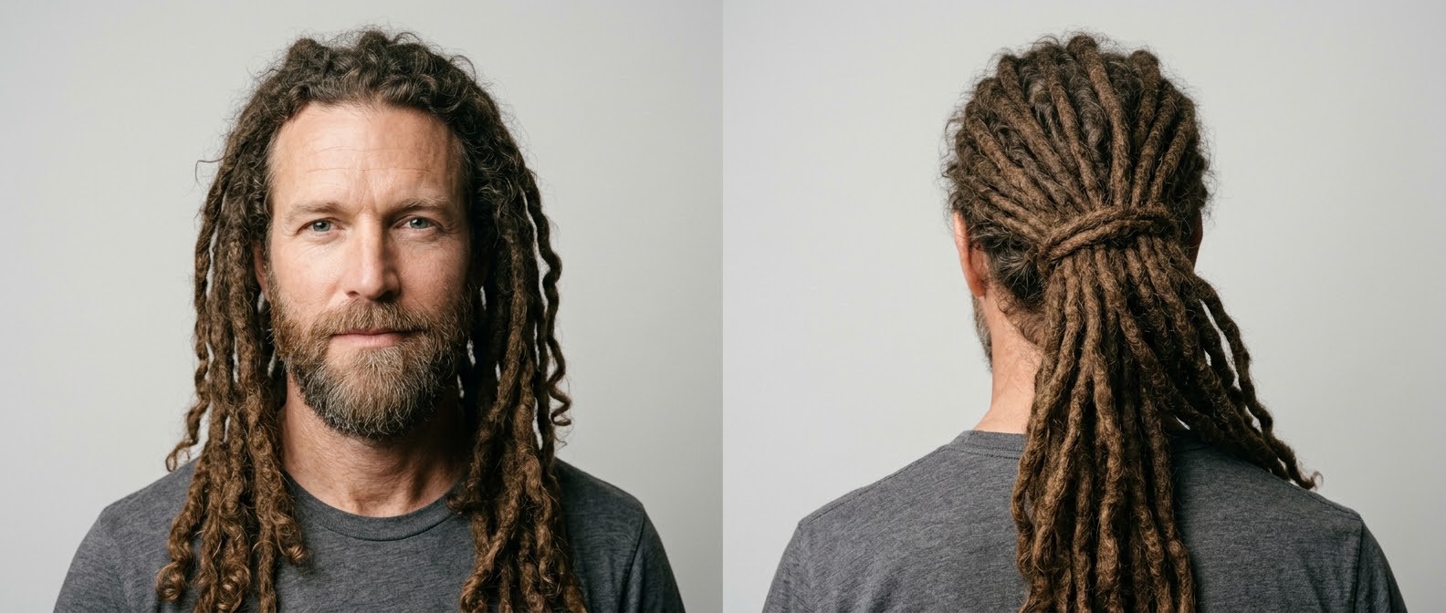 Homme mûr barbu portant de longues dreadlocks épaisses marron naturel, présentées lâchées de face et attachées en queue-de-cheval basse de dos.