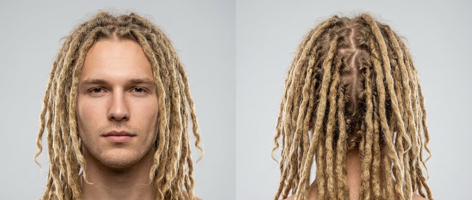 Młody mężczyzna o kaukaskich rysach z długimi blond dreadami, przedziałkiem na środku i naturalnymi końcówkami, widok na precyzyjny podział sekcji z tyłu.