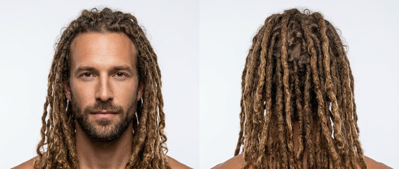 Mężczyzna po 30-tce z długimi, jasnobrązowymi naturalnymi dreadami, kręconymi końcówkami i zadbaną krótką brodą.