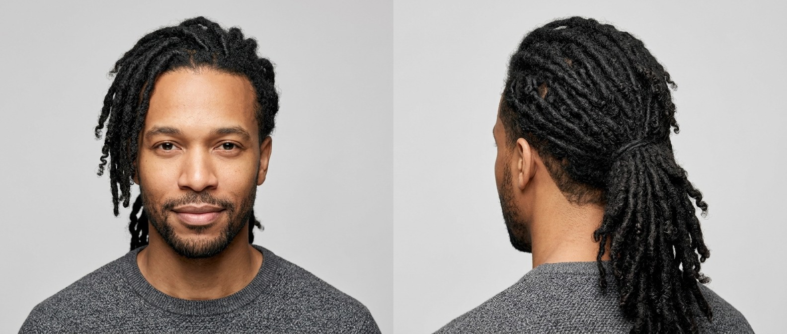 Widok z przodu i z tyłu na czarnoskórego mężczyznę z długimi dreadami w niskim kucyku, z czystą linią taper fade i krótką brodą.
