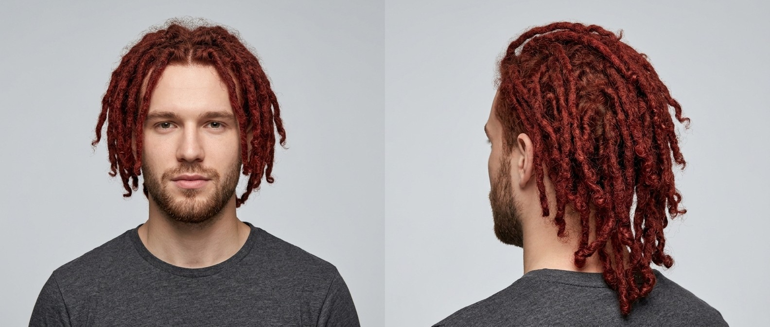 Młody mężczyzna z krótką brodą i dredami w kolorze kasztanowego brązu do ramion, z kręconymi końcami i naturalnym przedziałkiem.
