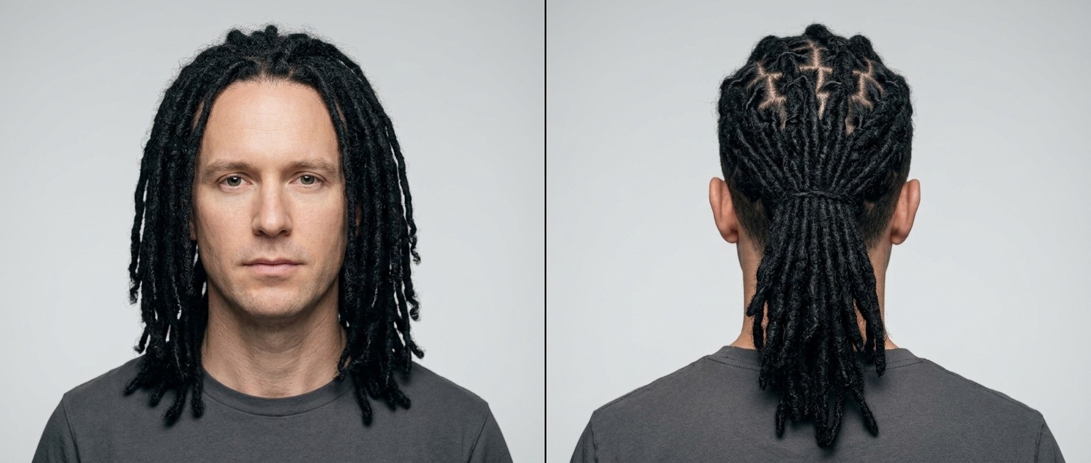Vorder- und Rückansicht eines Mannes mit langen, gepflegten schwarzen Dreadlocks, präzisem geometrischem Scheitel und tiefem Pferdeschwanz.