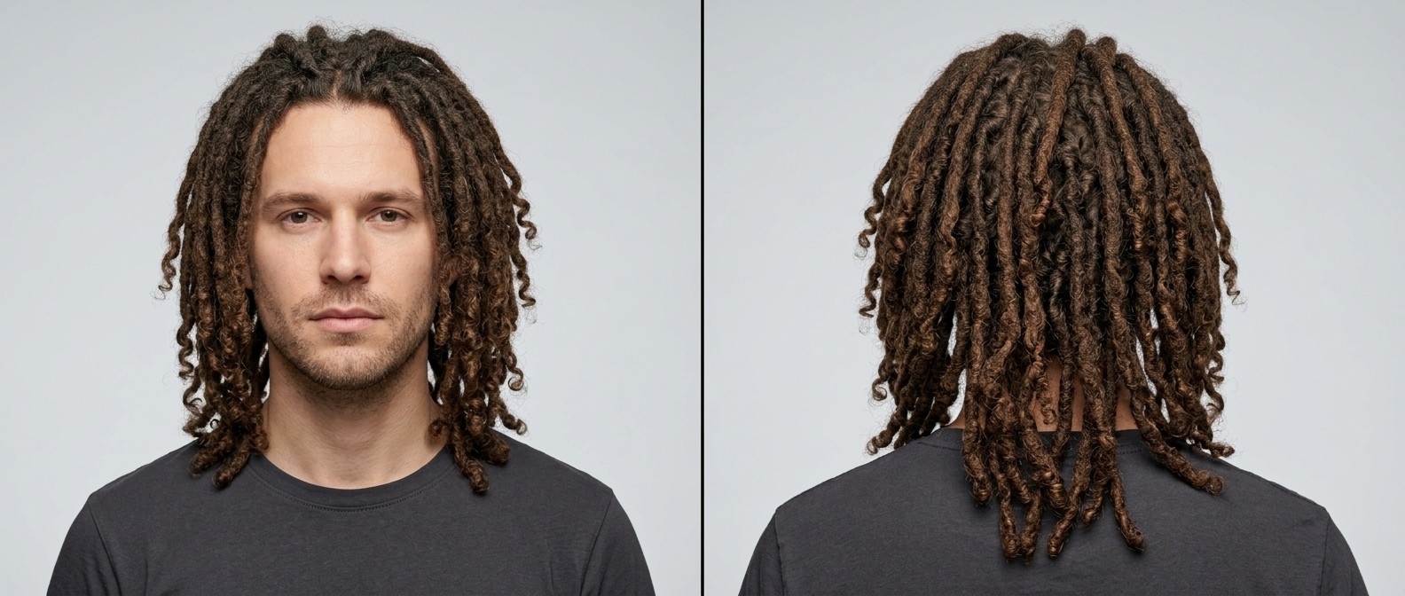 Vorder- und Rückansicht eines Mannes mit schulterlangen braunen Dreadlocks und lockigen Spitzen, kombiniert mit leichtem Bart.
