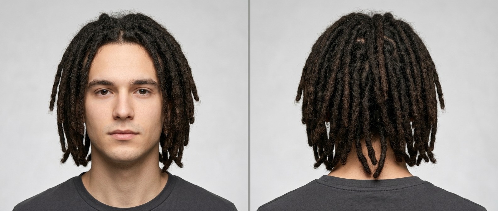Vorder- und Rückansicht eines jungen Mannes mit mittellangen, dunkelbraunen natürlichen Dreadlocks, die über die Schultern fallen.