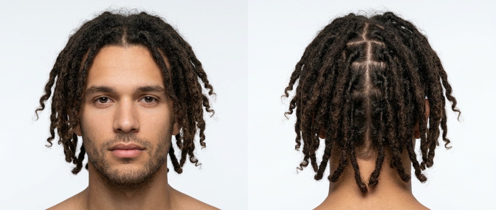 Jeune homme aux cheveux châtain foncé portant des dreadlocks mi-longues avec une raie centrale, un sectionnement en carrés précis et des pointes bouclées.