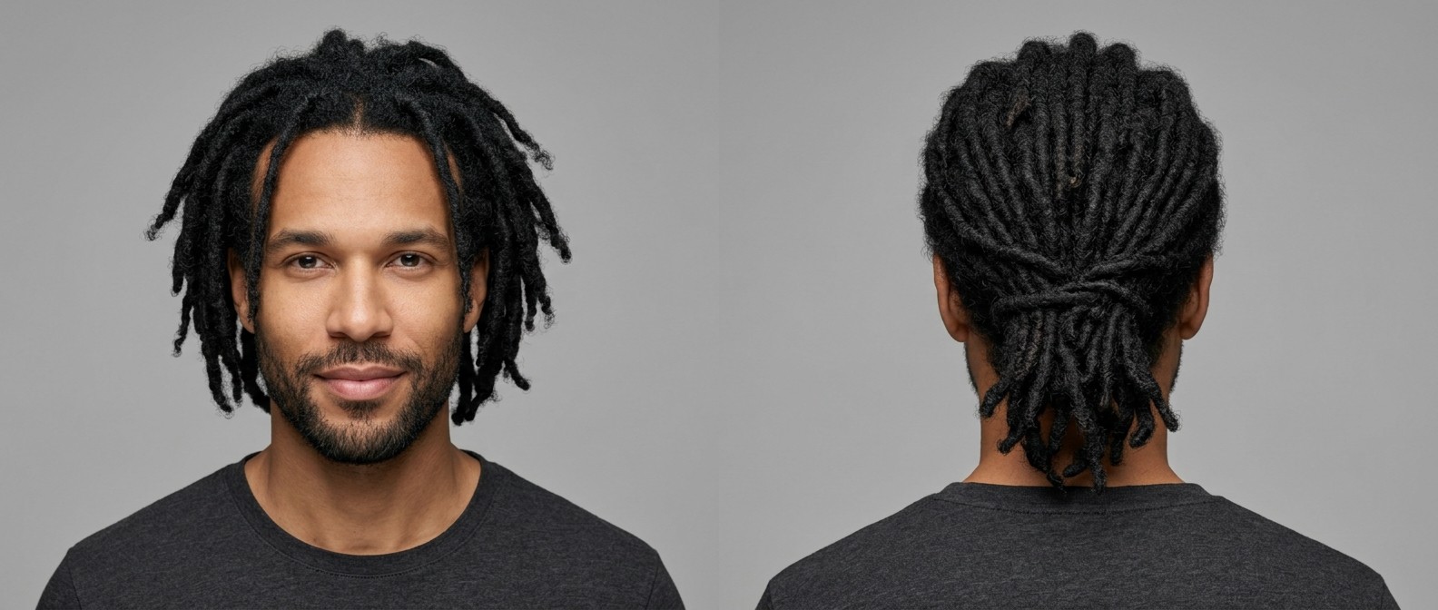 Vorder- und Rückansicht eines Mannes mit mittellangen schwarzen Dreadlocks, die zu einem natürlichen Knoten am Hinterkopf gebunden sind.