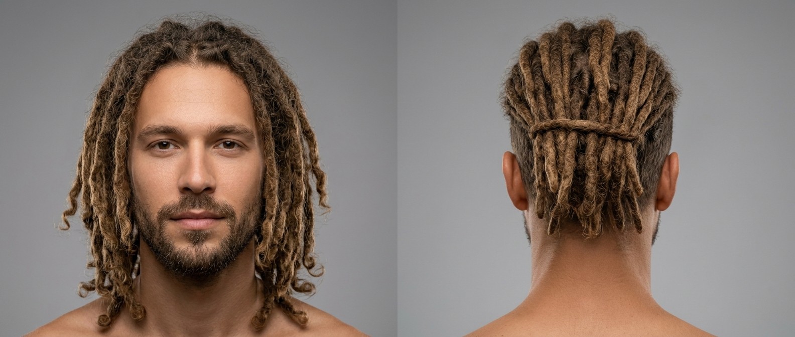 Vorder- und Rückansicht eines Mannes mit mittellangen, hellbraunen Dreadlocks mit lockigen Spitzen und kurzem Bart, im Nacken zusammengebunden.