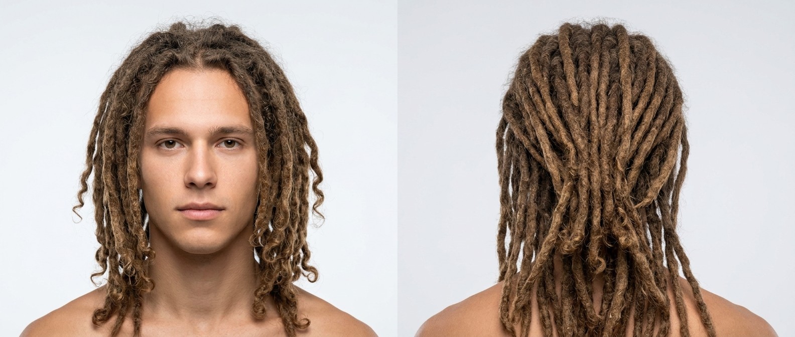Junger Mann mit langen, hellbraunen Dreadlocks, Mittelscheitel und offenen, lockigen Spitzen.