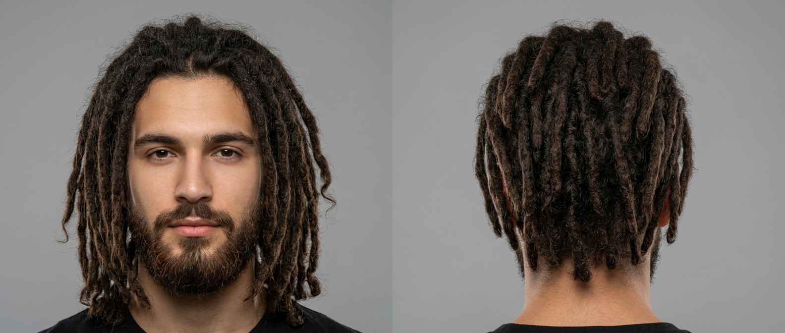 Front and back view of a young adult man with olive skin and a full dark beard wearing long, natural dark brown dreadlocks falling past his shoulders.