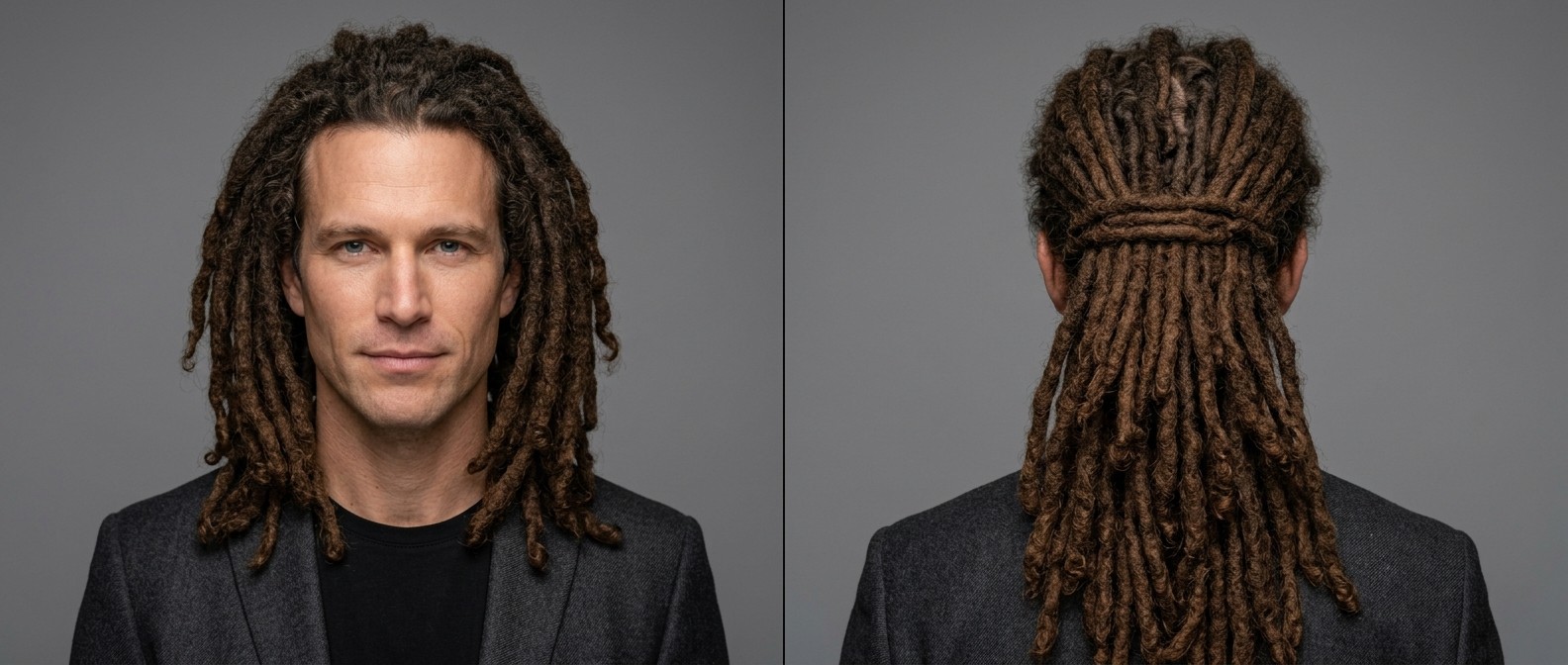 Caucasian man with long brown dreadlocks styled in a neat half-up half-down look, showcasing medium-thick locs and a clean straight hairline.