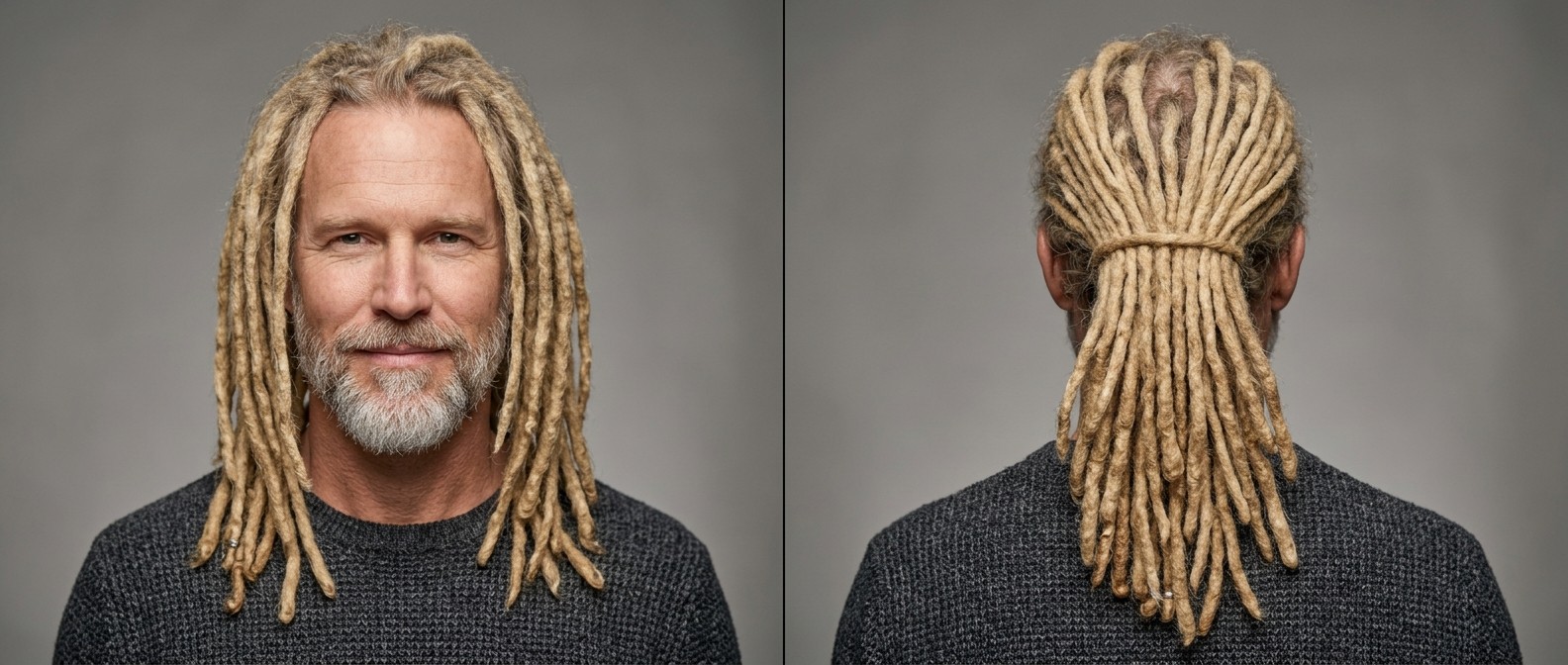 Mature Caucasian man with long blonde dreadlocks and a trimmed grey beard. The back view shows the dreads tied back using a natural hair tie.
