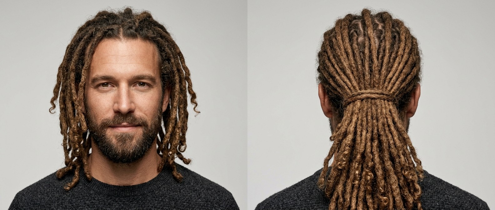 Caucasian man aged 35-45 with a beard, wearing long light brown dreadlocks with curly ends, styled down and tied back in a low natural ponytail.