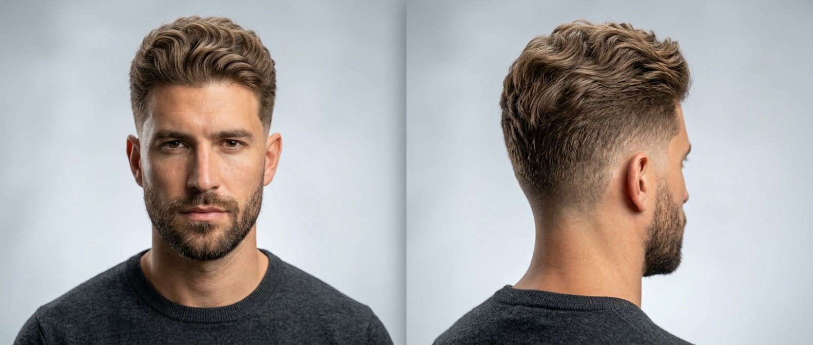 Jeune homme à la peau mate avec une barbe courte portant une coupe drop fade texturée et ondulée, cheveux châtain clair coiffés en quiff décontractée.