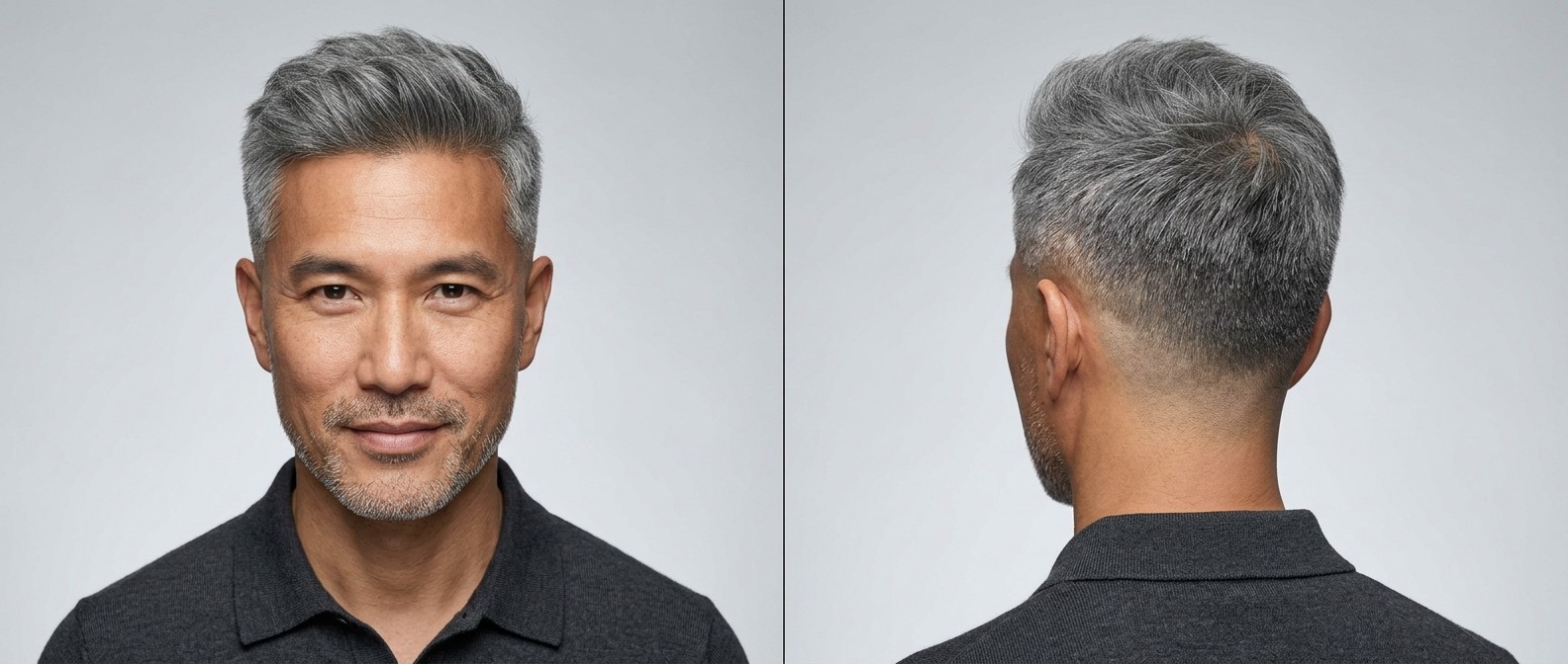 Homem asiático maduro com cabelo grisalho grosso, corte drop fade moderno, topo texturizado e barba bem feita.