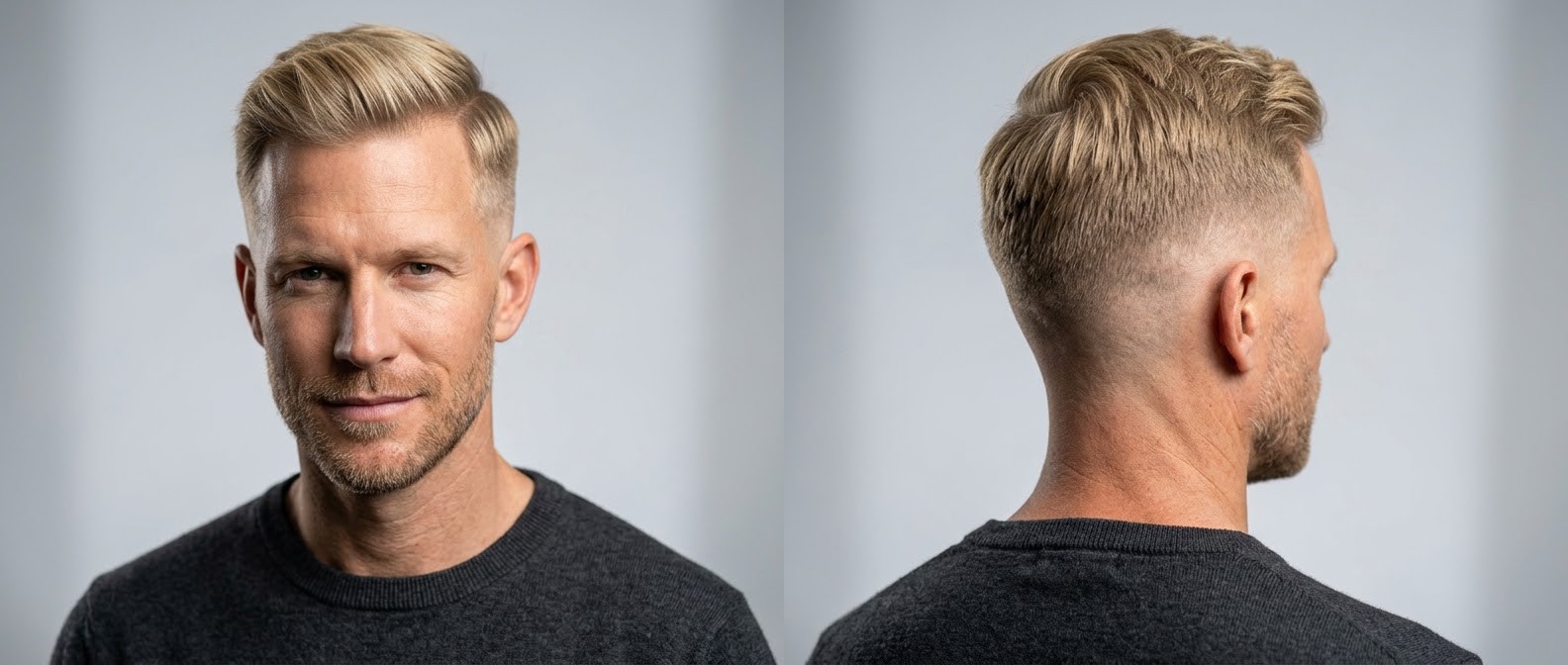 Vue de face et de dos d'un homme blond de 40 ans avec un dessus texturé balayé vers l'arrière et un drop fade net, idéal pour cheveux fins et lisses.