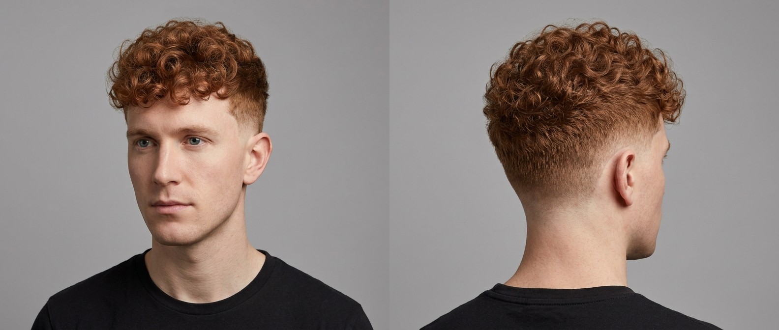 Młody mężczyzna z rudymi lokami typu 3, krótką grzywką maskującą zakola i precyzyjnym drop fade'em.