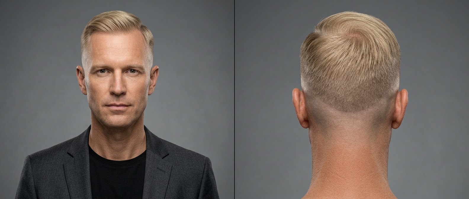 A mature Caucasian man with fine straight blonde hair modeling a professional side-part drop fade, featuring a skin-tight back and medium styled top.