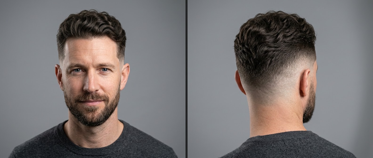 Vista frontal y trasera de hombre de 35 a 45 años luciendo corte drop fade ondulado con textura corta y barba arreglada.
