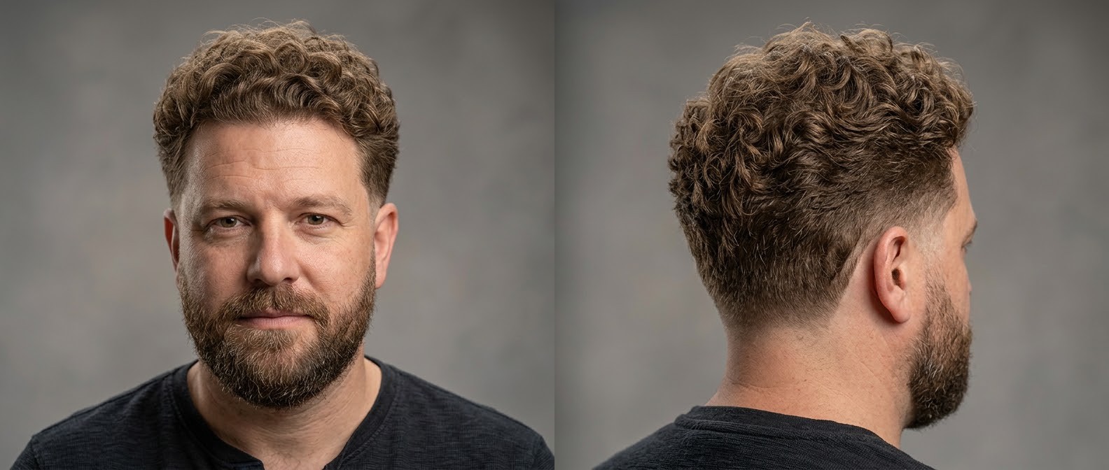Front and side view of a mature man with a professional curly drop fade, medium length top, thick Type 3 curls, and a well-groomed beard.
