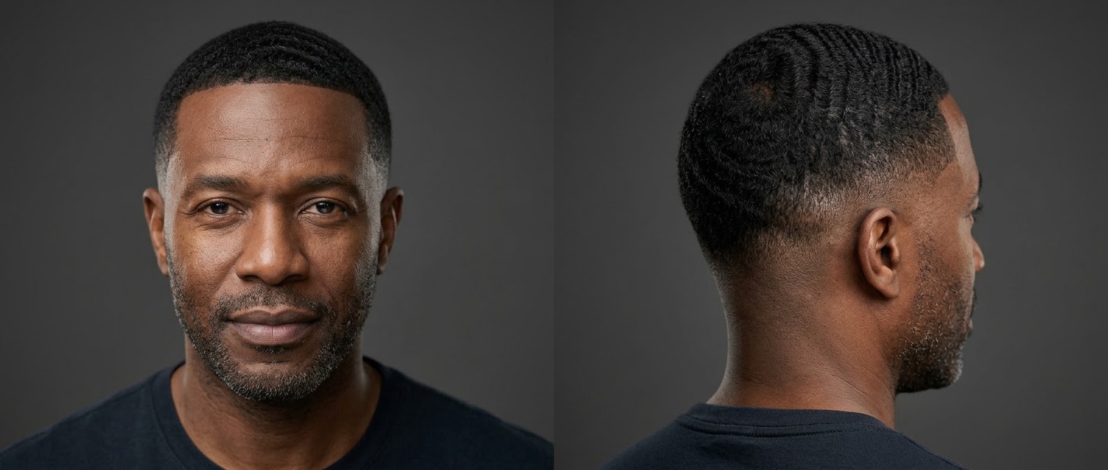 Profil et face d'un homme noir mûr avec coupe drop fade, 360 waves, contours précis au rasoir et barbe courte soignée.