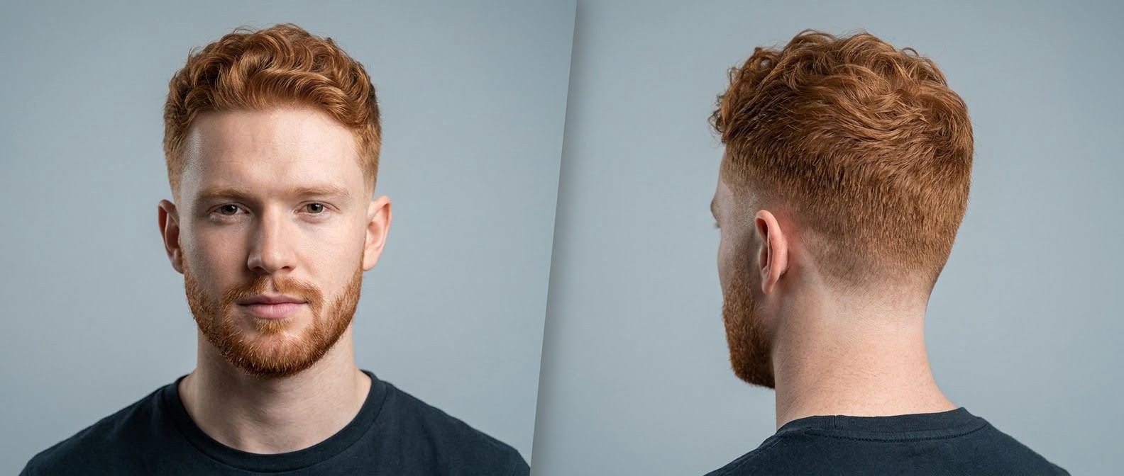 Junger Mann mit roten Haaren und texturiertem Wavy Drop Fade, kurzem Deckhaar und gepflegtem Bart vor hellgrauem Hintergrund.