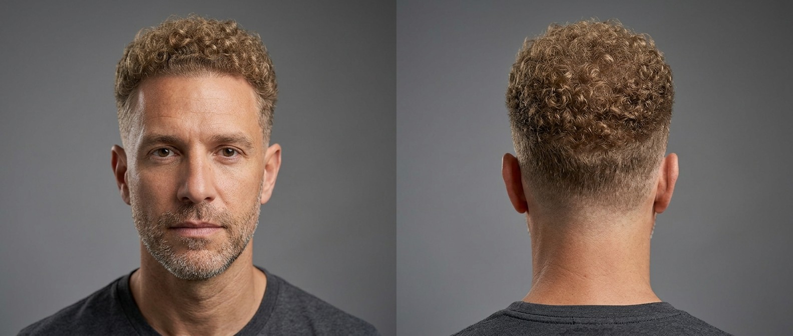 Widok z przodu i z tyłu dojrzałego mężczyzny z drop fade i krótkimi, ciasno skręconymi jasnobrązowymi lokami w biurowym stylu.