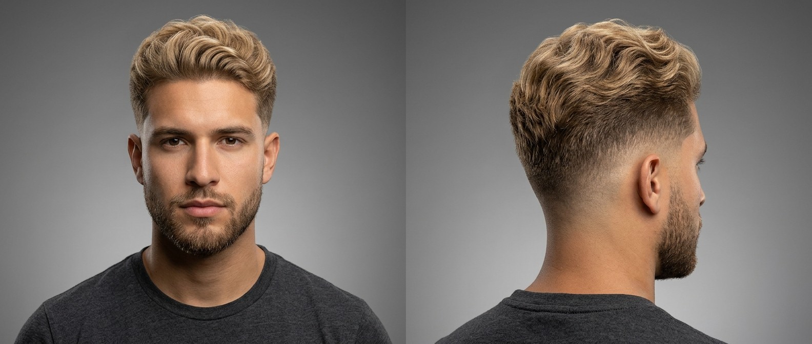 Model z fryzurą wavy textured drop fade, zaczesanymi do tyłu falami i zadbaną krótką brodą.